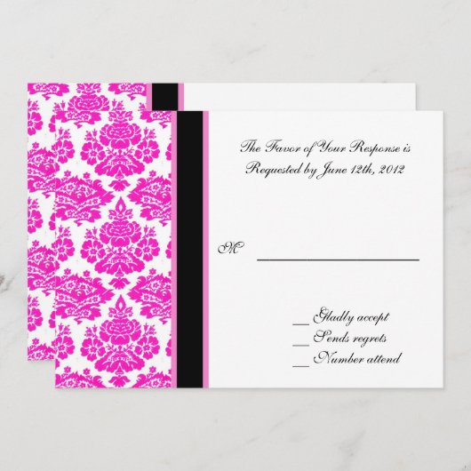 Carte d'acceptation mariage, damas rose (Devant / Derrière)