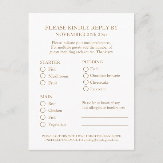 Carte D'accompagnement 8e Mariage de bronze choix de repas (Dos)