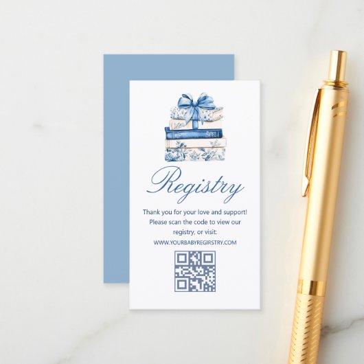 Carte D'accompagnement a new chapter baby Shower gift registry qr code (Devant/Arrière en situation)