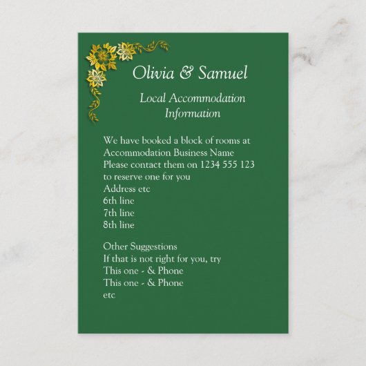 Carte D'accompagnement Accommodation Info - Emerald Green & Gold (Devant)