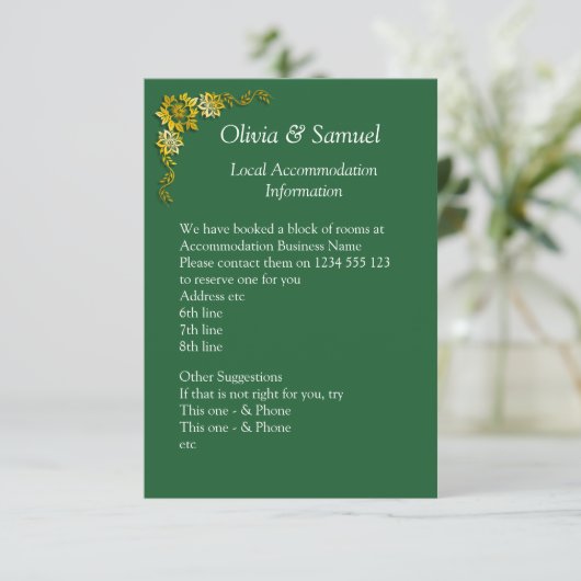 Carte D'accompagnement Accommodation Info - Emerald Green & Gold (Debout devant)