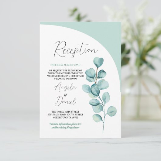 Carte D'accompagnement Accueil Mariage Eucalyptus Feuille Mint Green (Debout devant)
