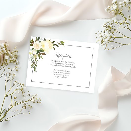 Carte D'accompagnement Accueil Mariage Floral Roses Blanches | Vert olive