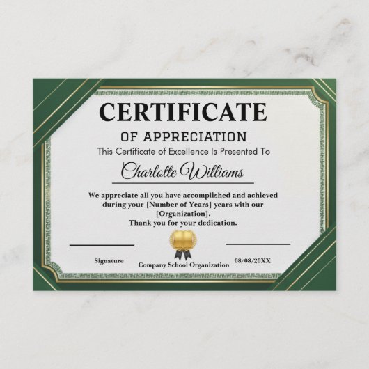 Carte D'accompagnement Achievement Appreciate Gold Green Certificate (Devant)