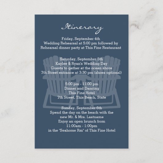 Carte D'accompagnement Adirondack Chaises Marine bleu Intinéraire (Devant)