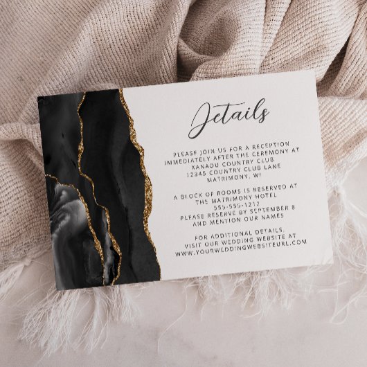 Carte D'accompagnement Agate Black Gold Modern Script Détails Mariage