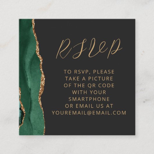Carte D'accompagnement Agate Emerald Green Gold Dark Mariage QR Code RSVP (Devant)
