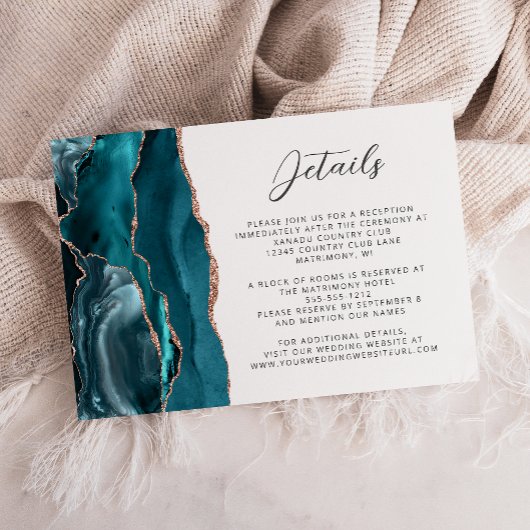 Carte D'accompagnement Agate Teal Rose Gold Modern Script Wedding Details