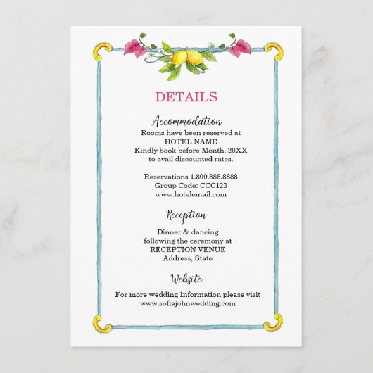 Carte D'accompagnement Amalfi Méditerranée détails de la mariage fleurie (Devant)