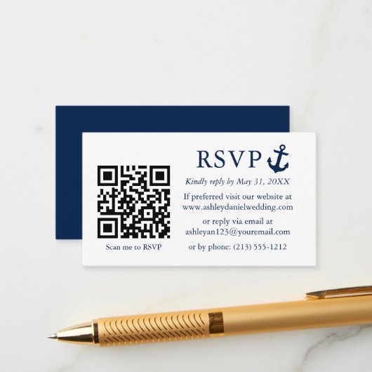 Carte D'accompagnement Ancre bleu marine mariage RSVP QR (Devant/Arrière en situation)