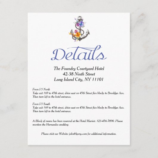 Carte D'accompagnement Ancre nautique Détails florale Direction (Devant)