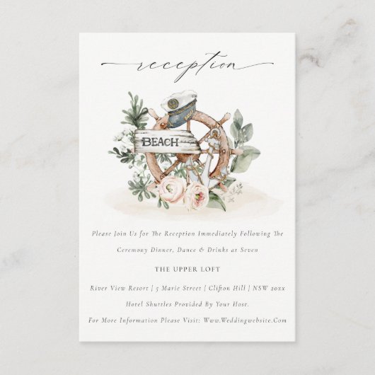 Carte D'accompagnement Ancre nautique Roue Floral Mariage Réception (Devant)