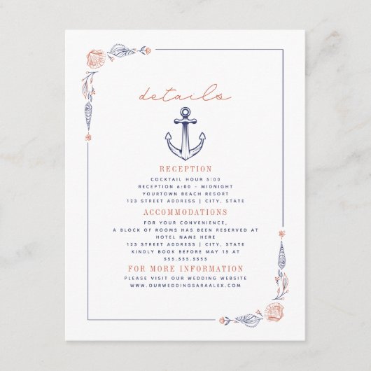 Carte D'accompagnement Ancre rustique Red & Blue Beach Détails du mariage (Devant)