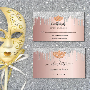 Carte D'accompagnement Anniversaire rose or argent masquade RSVP