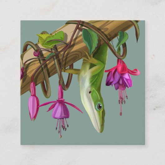 Carte D'accompagnement Anolis vert avec fuchsias (Devant)
