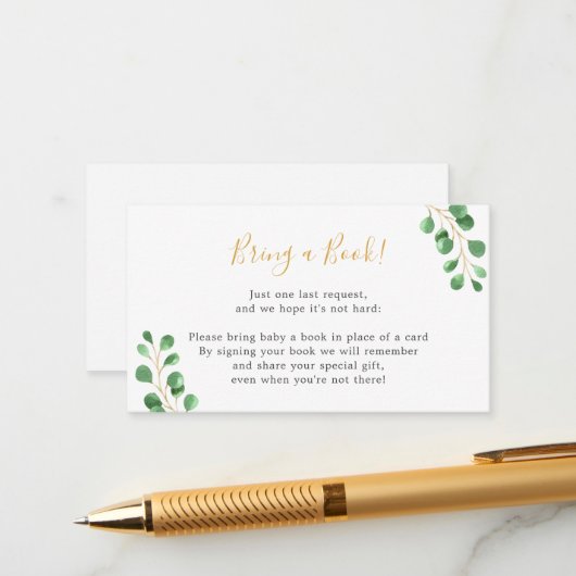 Carte D'accompagnement Apportez un livre baby shower eucalyptus (Devant/Arrière en situation)