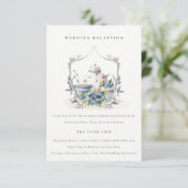 Carte D'accompagnement Aqua Blue floral Teapot Cup Réception de mariage (Debout devant)