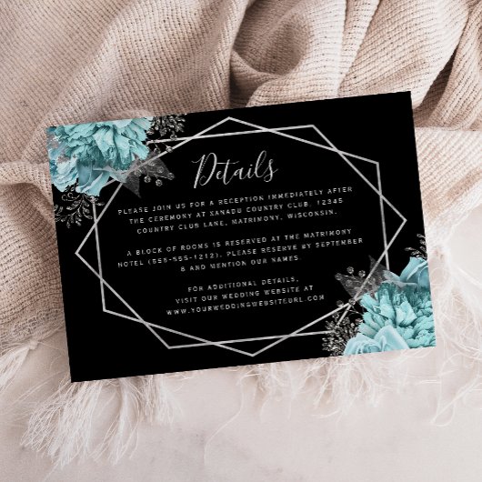 Carte D'accompagnement Aqua Floral Silver Black Wedding Details