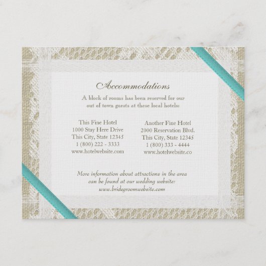 Carte D'accompagnement Aqua Ocean Lace et Burlap Directions (Devant)