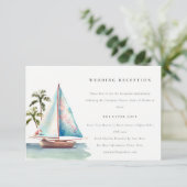 Carte D'accompagnement Aqua Sailboat Turquoise Palm Seascape Mariage Réce (Debout devant)