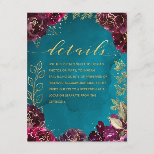 Carte D'accompagnement Aqua Turquoise Merlot Jewel Tone Or Mariage Détail (Devant)