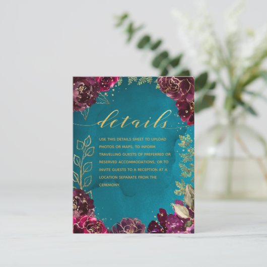 Carte D'accompagnement Aqua Turquoise Merlot Jewel Tone Or Mariage Détail (Debout devant)