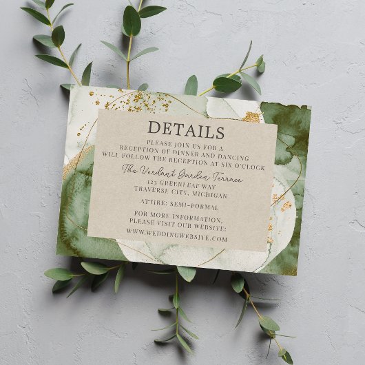 Carte D'accompagnement Aquarelle Abstraite Sage Green Gold Mariage