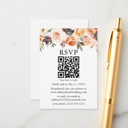 Carte D'accompagnement Aquarelle Automne Floral Mariage QR RSVP (Devant/Arrière en situation)