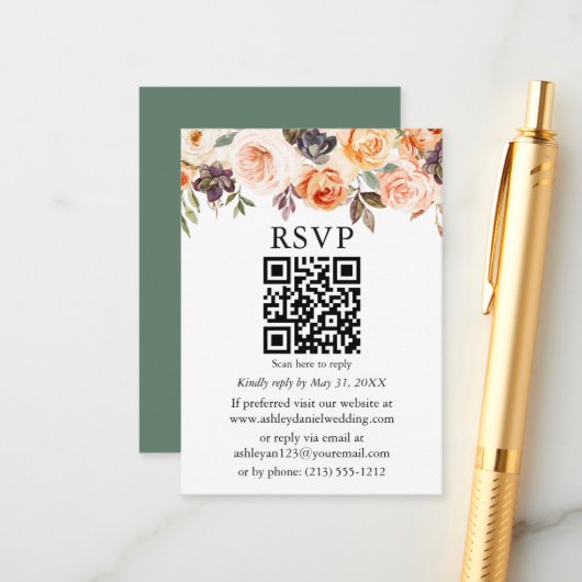 Carte D'accompagnement Aquarelle Automne Floral Sage Vert QR RSVP (Devant/Arrière en situation)