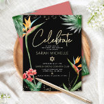 Carte D'accompagnement Aquarelle bat mitzvah Tropical Black Gold Floral<br><div class="desc">Soyez fier, réjouissez-vous et présentez cette étape importante de votre Bat mitzvah préféré ! Inclure cette encart moderne, sophistiqué et personnalisé pour plus d'informations sur votre événement. Élégant, étonnant, coloré, oiseaux d'aquarelle tropicale de fleurs de paradis, faux écriture manuscrite or, Star of David et points de parties scintillant, avec le...</div>