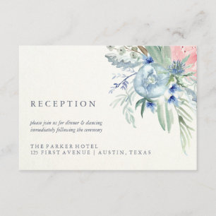 Carte D'accompagnement Aquarelle bleu et rose Peony Accueil de mariage