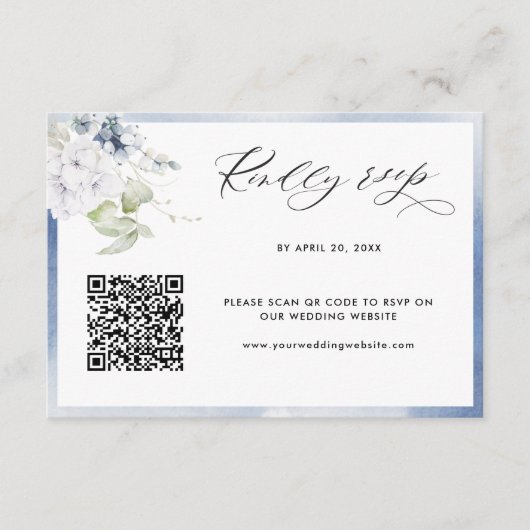 Carte D'accompagnement Aquarelle bleu foncé, Mariage floral QR Code RSVP (Devant)