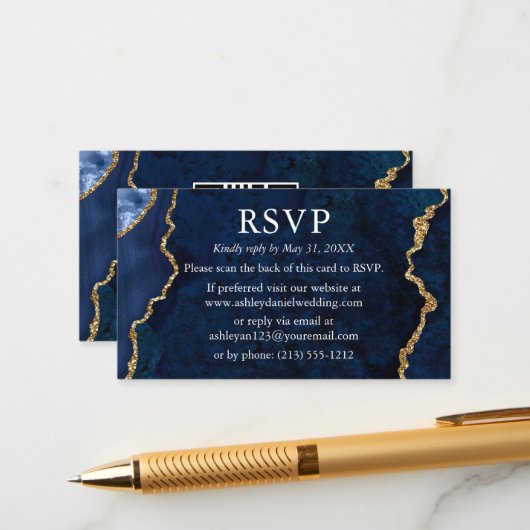 Carte D'accompagnement Aquarelle Bleu Marbre Mariage RSVP QR Retour (Devant/Arrière en situation)