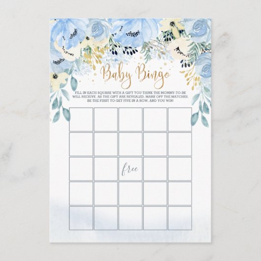 Carte D'accompagnement Aquarelle Blue Floral Baby shower Jeu de Bingo (Devant)