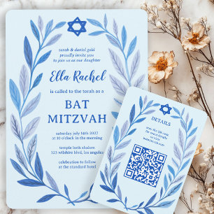 Carte D'accompagnement Aquarelle botanique CUSTOM QR Bar Bat mitzvah