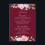Carte D'accompagnement Aquarelle Bourgogne Floral Elégant Mariage Détails<br><div class="desc">Une élégante carte de mariage floral avec des fleurs d'aquarelle rose et une calligraphie manuscrite moderne sur un arrière - plan rouge bordeaux.</div>