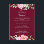 Carte D'accompagnement Aquarelle Bourgogne Floral Elégant Mariage Détails<br><div class="desc">Une élégante carte de mariage floral avec des fleurs d'aquarelle rose et une calligraphie manuscrite moderne sur un arrière - plan rouge bordeaux.</div>