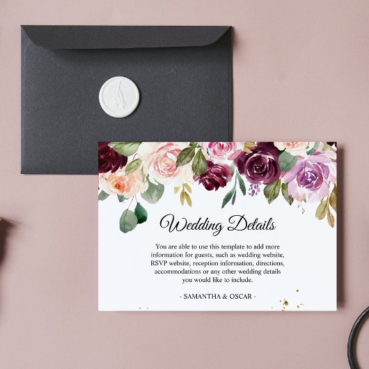 Carte D'accompagnement Aquarelle Bourgogne Rustique Fleurs et gouttes d'o