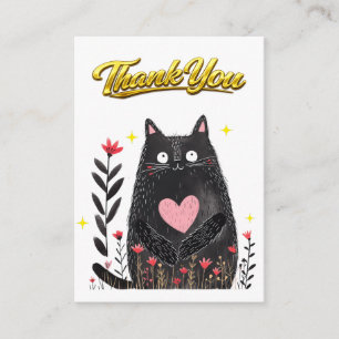 Carte D'accompagnement Aquarelle Chat Noir avec Cœur Merci