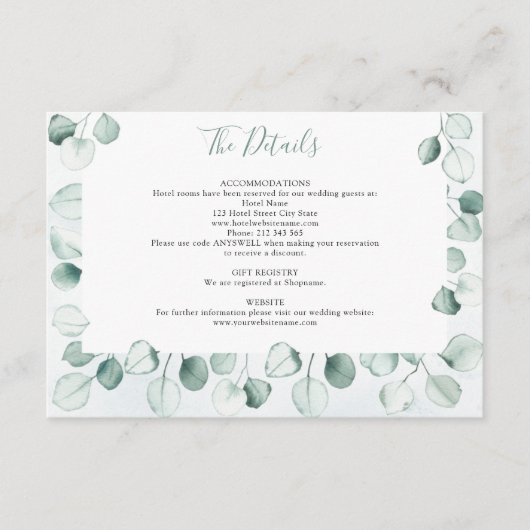 Carte D'accompagnement Aquarelle Dusty Eucalyptus Leaf Détails du Mariage (Devant)