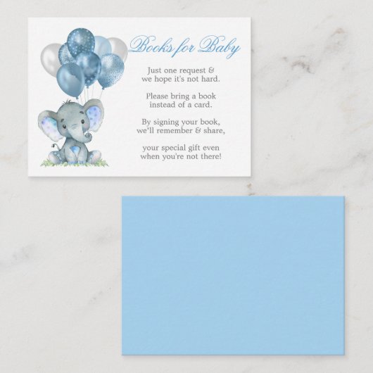 Carte D'accompagnement Aquarelle Eléphant Ballons Bleus Livres Pour Bébé (Devant / Derrière)