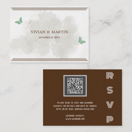 Carte D'accompagnement Aquarelle et papillon moderne QR code RSVP (Devant / Derrière)