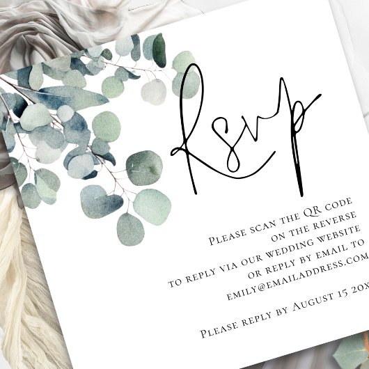 Carte D'accompagnement Aquarelle Eucalyptus Script QR Code Mariage RSVP