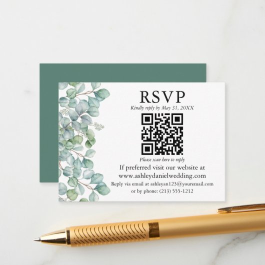 Carte D'accompagnement Aquarelle Eucalyptus Verdure QR RSVP Mariage (Devant/Arrière en situation)