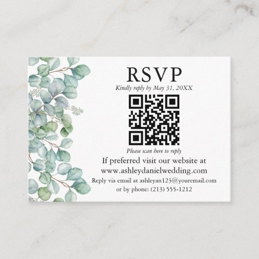 Carte D'accompagnement Aquarelle Eucalyptus Verdure QR RSVP Mariage (Devant)