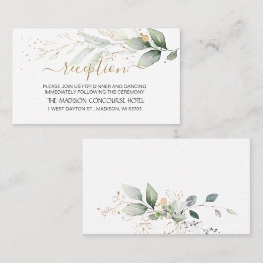Carte D'accompagnement Aquarelle feuillage vert & or Réception (Devant / Derrière)