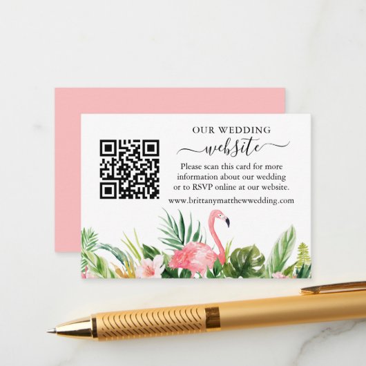 Carte D'accompagnement Aquarelle Floral Flamant rose rose Mariage site We (Devant/Arrière en situation)