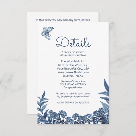 Carte D'accompagnement Aquarelle Florale Bleu Duché Détails Hébergements (Devant / Derrière)