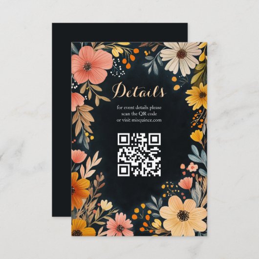 Carte D'accompagnement Aquarelle Florale sur Quinceañera foncé CUSTOM QR (Devant / Derrière)