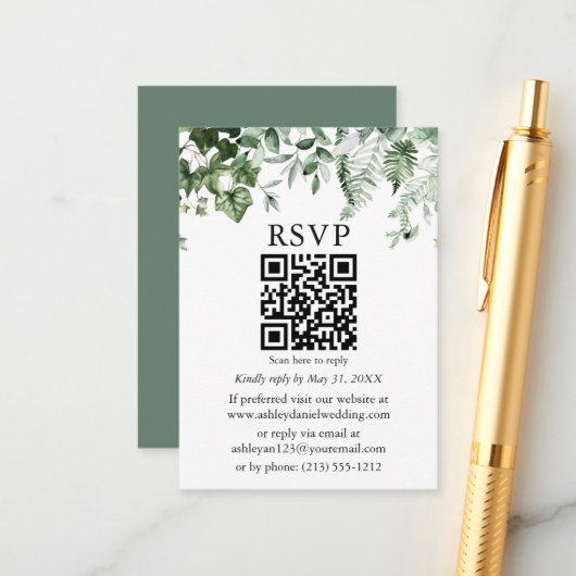 Carte D'accompagnement Aquarelle Ivy Ferns Sage Vert Mariage QR RSVP (Devant/Arrière en situation)